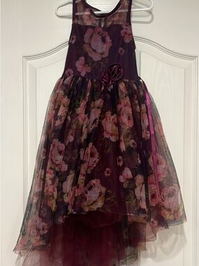 Girls Floral Burgundy Tulle Party Dress